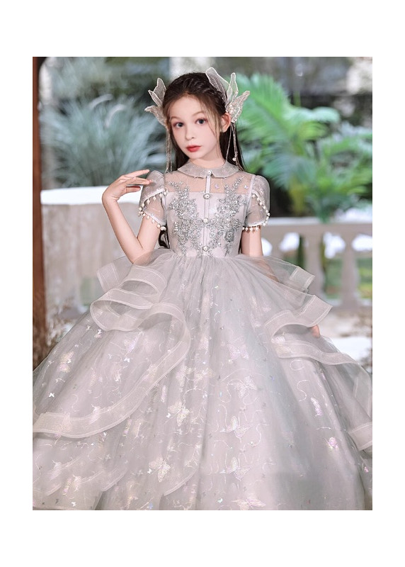 Silver Gray Tulle Baptism Dress with Claudine Collar and Layered Ruffles