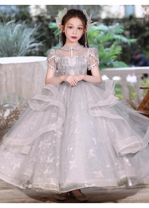 Silver Gray Tulle Baptism Dress with Claudine Collar and Layered Ruffles