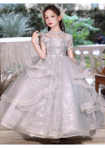 Silver Gray Tulle Baptism Dress with Claudine Collar and Layered Ruffles