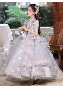 Silver Gray Tulle Baptism Dress with Claudine Collar and Layered Ruffles