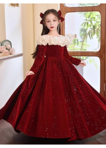 Deep Red Velvet Evening Dress for Girls with Fine Glitter