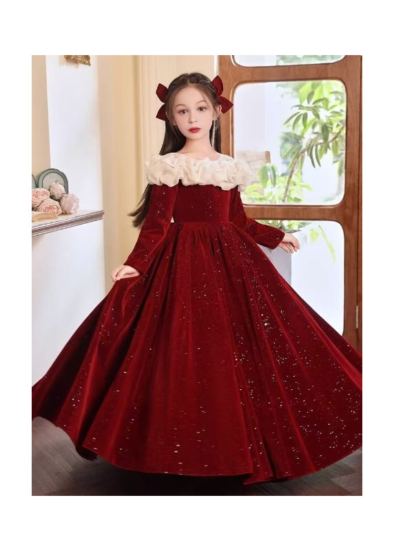 Deep Red Velvet Evening Dress for Girls with Fine Glitter