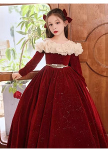 Deep Red Velvet Evening Dress for Girls with Fine Glitter