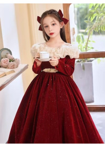 Deep Red Velvet Evening Dress for Girls with Fine Glitter