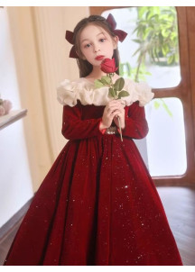 Vestido de Noche para Niñas de Terciopelo Rojo Profundo con Lentejuelas Finas