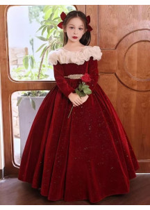 Deep Red Velvet Evening Dress for Girls with Fine Glitter