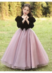 Evening Dress for Girls with Black Velvet Bodice and Rose and Violet Tulle Skirt