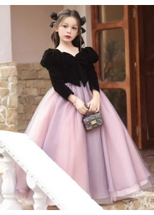 Evening Dress for Girls with Black Velvet Bodice and Rose and Violet Tulle Skirt