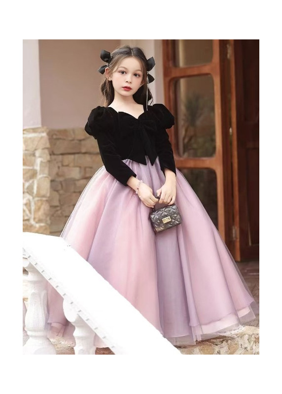 Evening Dress for Girls with Black Velvet Bodice and Rose and Violet Tulle Skirt