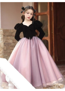 Evening Dress for Girls with Black Velvet Bodice and Rose and Violet Tulle Skirt