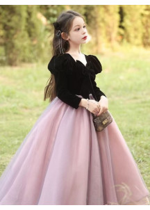 Evening Dress for Girls with Black Velvet Bodice and Rose and Violet Tulle Skirt