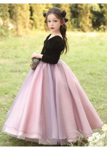 Evening Dress for Girls with Black Velvet Bodice and Rose and Violet Tulle Skirt