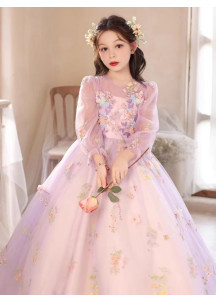 Pale Lilac Tulle Party Dress for Girls with Multicolored Floral Embroidery