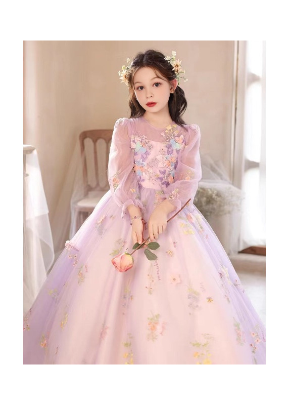 robe fête enfant en tulle lilas pâle aérien et léger orné de broderies florales multicolores