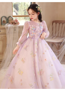 Pale Lilac Tulle Party Dress for Girls with Multicolored Floral Embroidery