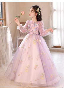 Pale Lilac Tulle Party Dress for Girls with Multicolored Floral Embroidery