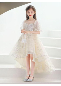 Ivory Tulle Wedding Dress for Girls with Asymmetrical Cut and Floral Embroidery