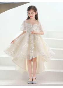 Ivory Tulle Wedding Dress for Girls with Asymmetrical Cut and Floral Embroidery