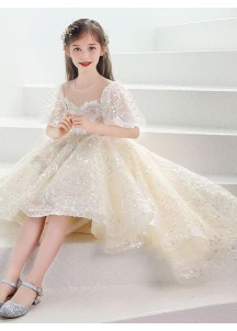 Ivory Tulle Wedding Dress for Girls with Asymmetrical Cut and Floral Embroidery