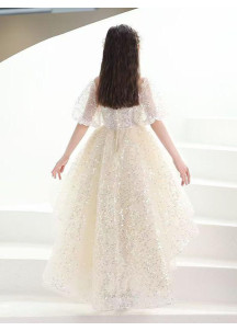 Ivory Tulle Wedding Dress for Girls with Asymmetrical Cut and Floral Embroidery