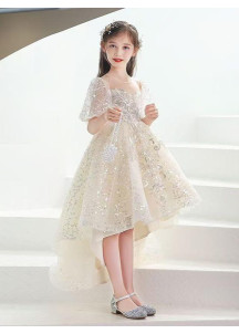 Ivory Tulle Wedding Dress for Girls with Asymmetrical Cut and Floral Embroidery