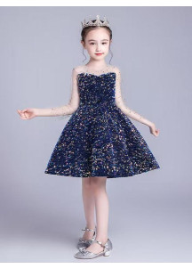 robe soirée de gala enfant courte à sequins étincelants bleu marine