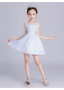 robe soirée de gala enfant courte à sequins étincelants bleu marine