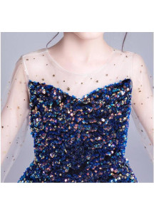 robe soirée de gala enfant courte à sequins étincelants bleu marine