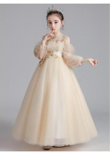 Champagne Tulle Baptism Dress for Girls with Golden Embroidery