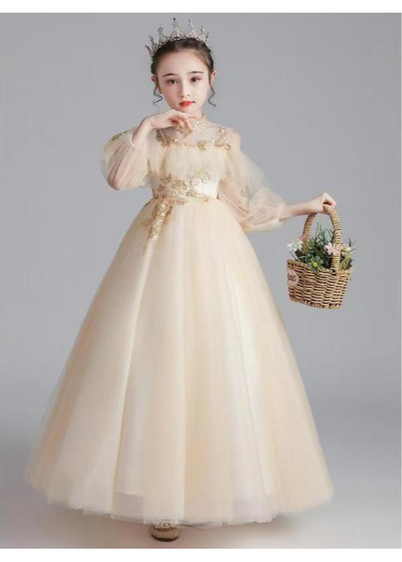 Champagne Tulle Baptism Dress for Girls with Golden Embroidery