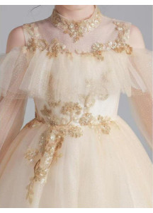 Champagne Tulle Baptism Dress for Girls with Golden Embroidery