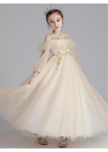 Champagne Tulle Baptism Dress for Girls with Golden Embroidery