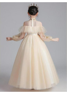 robe baptême enfant en tulle champagne orné de broderies dorées