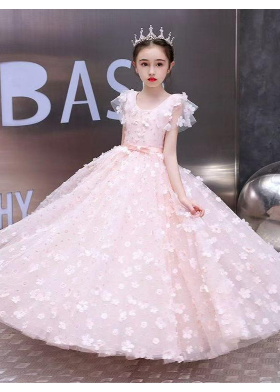 Rose Tulle Flower Girl Dress with Relief Flowers