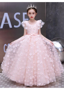 robe demoiselle d'honneur fille en tulle rose parsemée de petites fleurs en relief