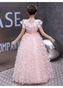 robe demoiselle d'honneur fille en tulle rose parsemée de petites fleurs en relief