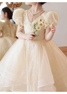 Champagne Tulle Flower Girl Dress with Multi-Layered Skirt