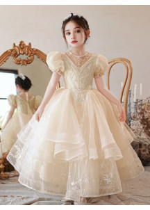 Champagne Tulle Flower Girl Dress with Multi-Layered Skirt