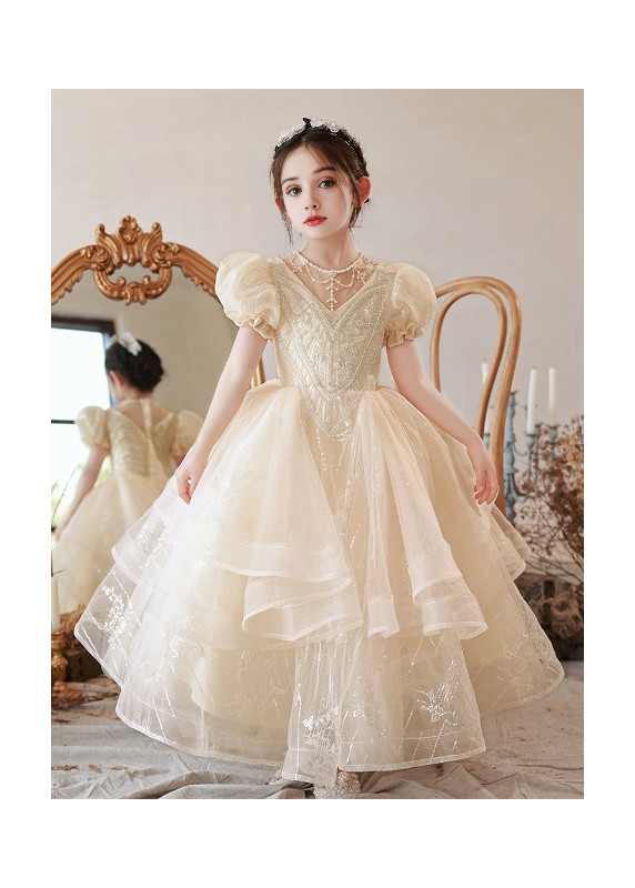 robe demoiselle d'honneur fille en tulle champagne jupe plusieurs couches superposées