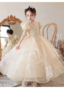 Champagne Tulle Flower Girl Dress with Multi-Layered Skirt