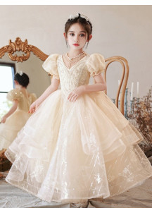 Champagne Tulle Flower Girl Dress with Multi-Layered Skirt