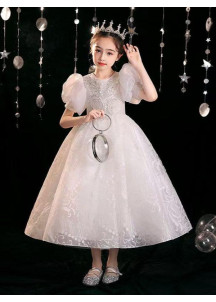 White Tulle Wedding Flower Girl Dress with Puffed Sleeves