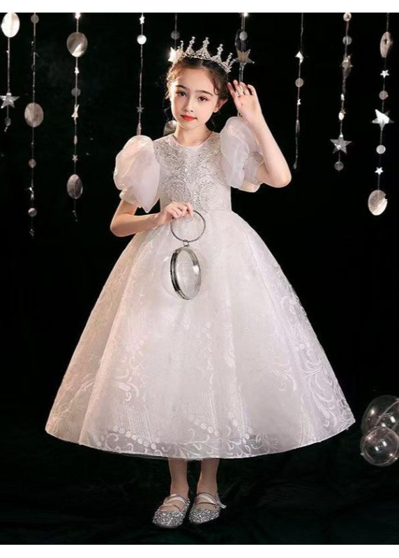 White Tulle Wedding Flower Girl Dress with Puffed Sleeves