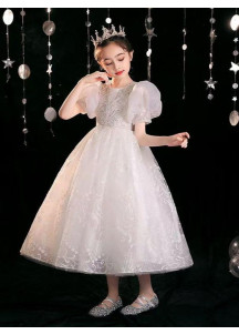 robe fille mariage en tulle blanc avec manches bouffantes