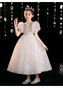 White Tulle Wedding Flower Girl Dress with Puffed Sleeves