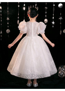 White Tulle Wedding Flower Girl Dress with Puffed Sleeves