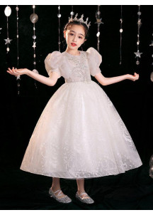 robe fille mariage en tulle blanc avec manches bouffantes