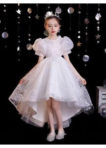 White Tulle Wedding Flower Girl Dress with Puffed Sleeves