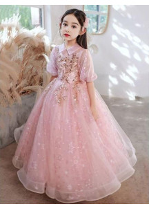 Rose Tulle Wedding Flower Girl Dress with Golden Sequins and Pearls