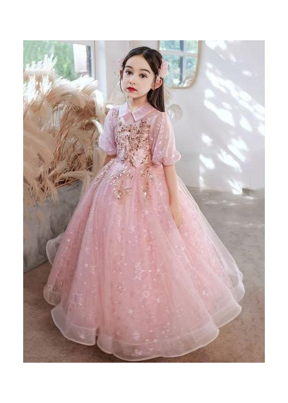 Rose Tulle Wedding Flower Girl Dress with Golden Sequins and Pearls